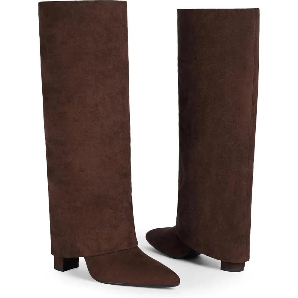 Women Suede Chocolate Faux Leather Fold Over Knee High Chunky High Heels Boot
